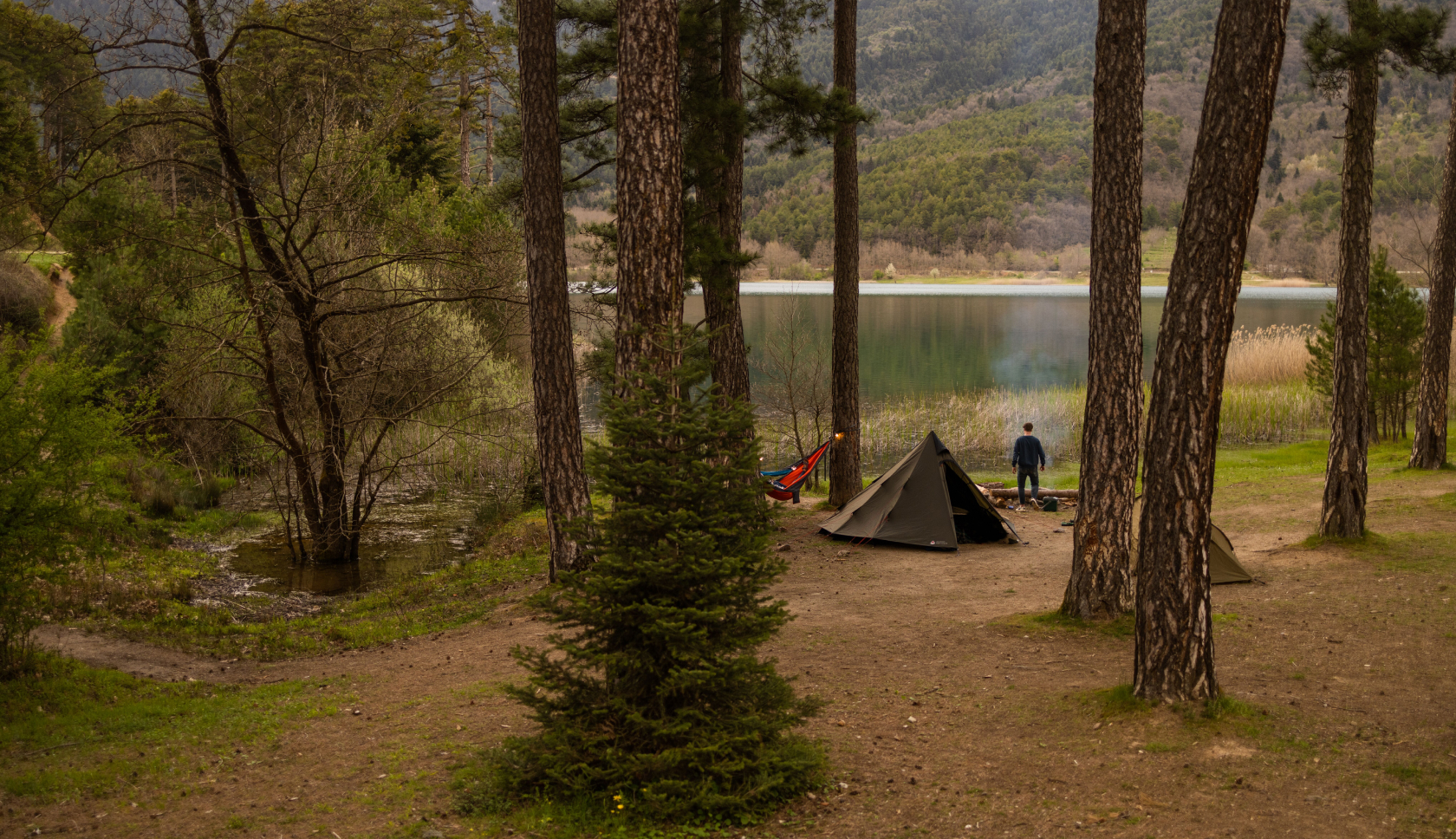 Een tent die in de bossen bij een meer staat 