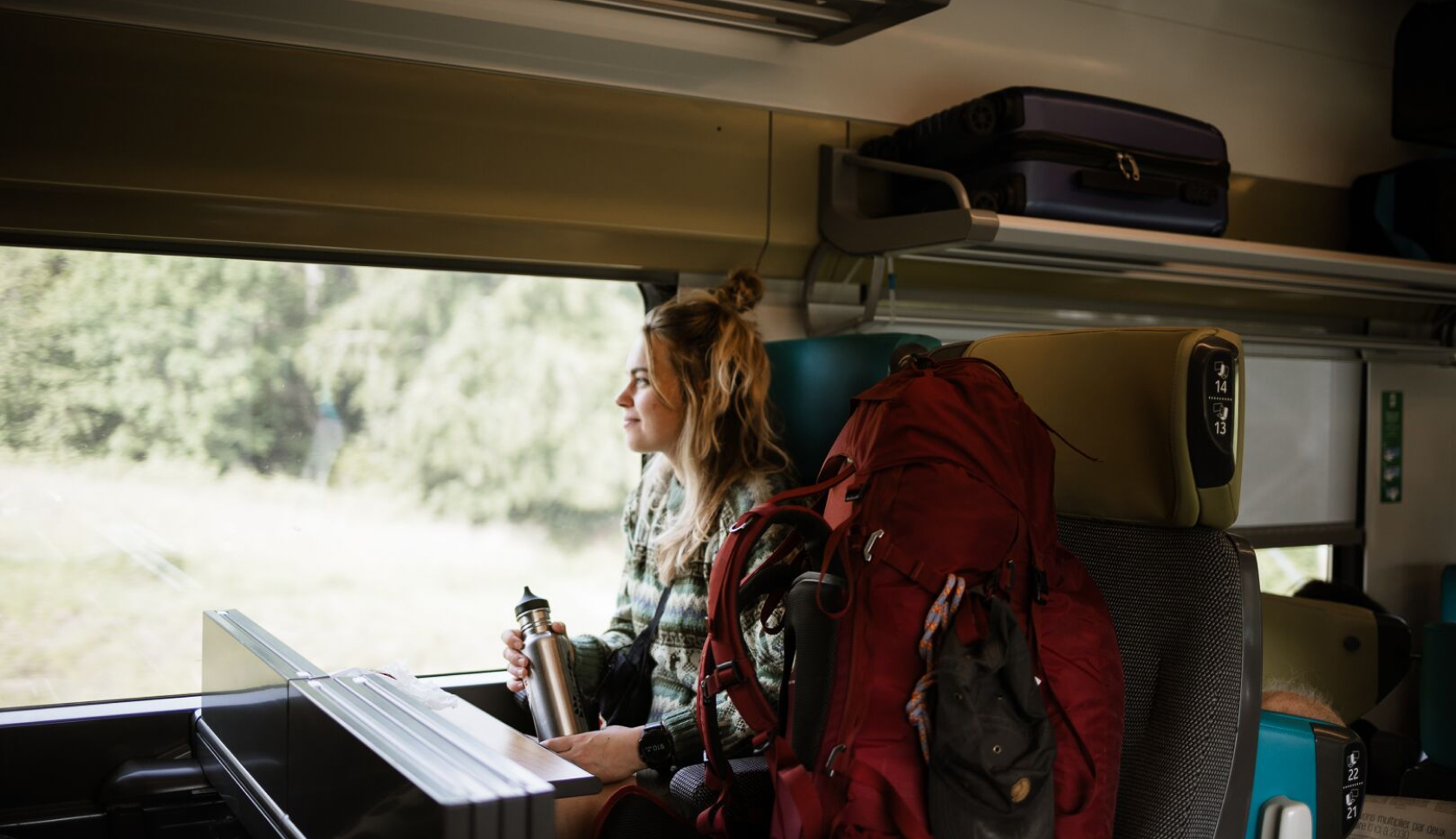 Een jonge vrouw zit in de trein met een rode backpack naast haar