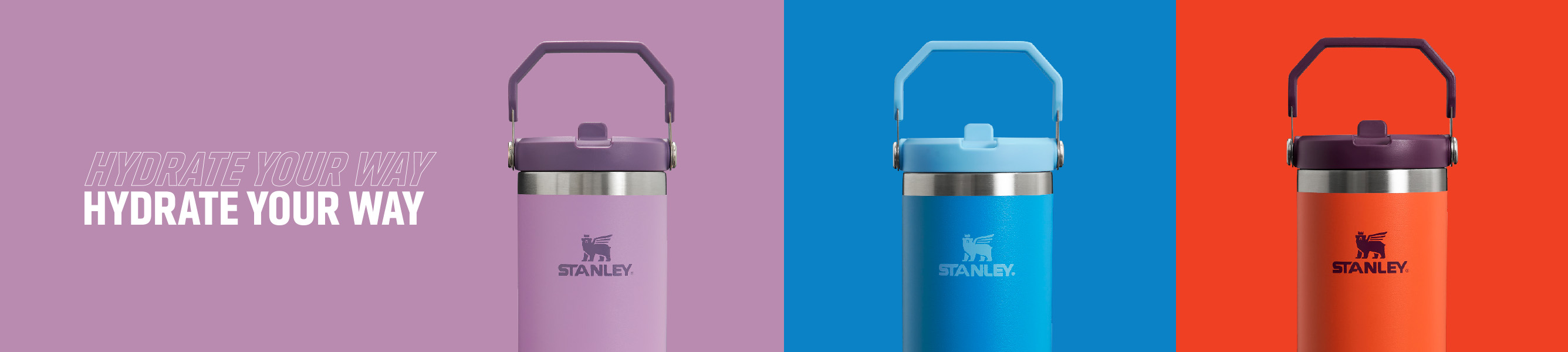 Een paarse, blauw en rode The Iceflow Flip Straw Tumbler van Stanley